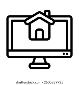 Computer monitor displaying a house icon, ideal for real estate websites, property management software, home rental platforms, and smart home concept designs.