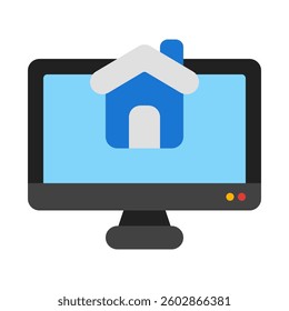 Computer monitor displaying a house icon, ideal for real estate websites, property management software, home rental platforms, and smart home concept designs.