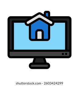 Computer monitor displaying a house icon, ideal for real estate websites, property management software, home rental platforms, and smart home concept designs.