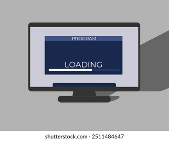 A computer monitor displaying a loading screen. with the word "PROGRAM" at the top and a progress bar labeled "LOADING" below. With gray background and shadow