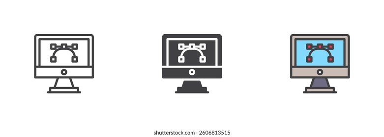 Computer monitor displaying a pen tool or vector point different style icon set. Line, glyph and filled outline colorful version, outline and filled vector sign. Symbol, logo illustration