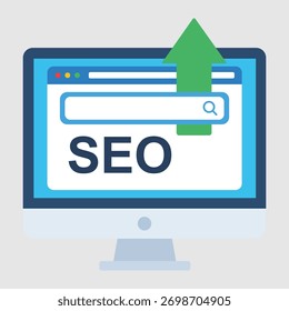 Um monitor de computador exibindo uma barra de pesquisa com uma seta para cima e SEO, simbolizando a otimização do mecanismo de pesquisa e melhor classificação