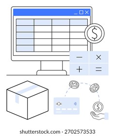 Monitor de computador exibindo uma planilha, sinais de calculadora, símbolos de moeda, cartão de crédito, câmbio de moeda e uma caixa de envio. Ideal para comércio eletrônico, gerenciamento financeiro, logística de transações