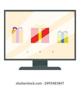 Computer monitor displaying three wrapped presents, illustrating the concept of online shopping for gifts