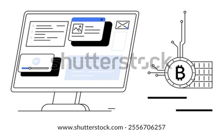 Computer monitor displaying various digital windows and a Bitcoin symbol linked with circuit lines. Ideal for digital workspaces, cryptocurrency, blockchain technology, financial tech, and online