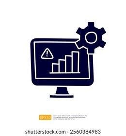 A computer monitor displaying a warning icon and a gear symbol, suggesting a focus on system performance or troubleshooting with a graph indicating progress.