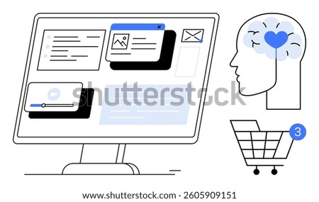 Computer monitor displaying web interface elements and notifications. Human brain with a heart represents mental engagement. Shopping cart with item counter. Ideal for technology, e-commerce, mental