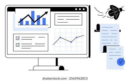 Computer monitor displays charts, graphs and checkboxes for data analysis. Floating documents with a checkmark, a bug icon add context. Ideal for business analytics, data visualization, report