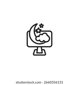 A computer monitor displays a crescent moon, stars, and a cloud, commonly representing sleep mode or a night theme.