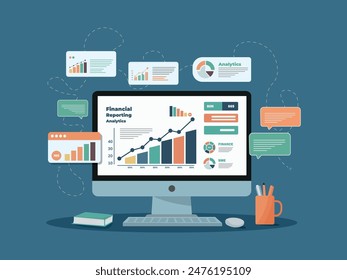 Computer Monitor muestra infografías de informes financieros, incluidos varios gráficos, crecimiento de acciones y mensajes en la pantalla. Ilustración vectorial plana