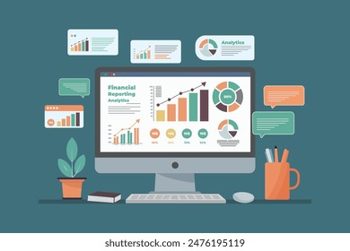 Computer Monitor displays financial reporting infographics, including various charts, stock growth, and messages on the screen. Flat vector illustration