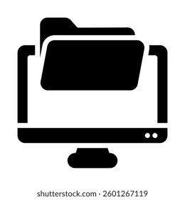 Computer monitor displays a folder icon. Suitable for technology, data storage, computer software, file management, digital organization, and office concepts.