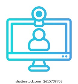 Computer monitor displays person with microphone. Ideal for virtual meetings, online presentations, video conferences, remote work, communication concepts.