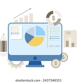 computer monitor displays pie charts, and company growth