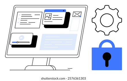 Computer monitor displays software interface with settings and security icons. Ideal for technology, cybersecurity, software development, digital interfaces, and online communication. Clean modern