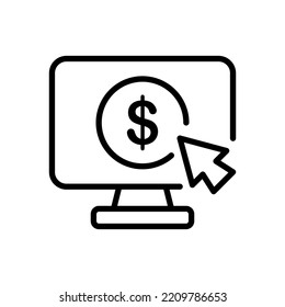 Computer monitor with dollar sign line icon. Financial management, coin, currency, digital documents, cursor, arrow. Business concept. Vector black line icon on a white background