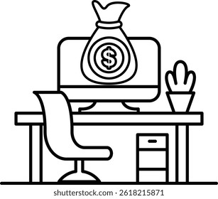A computer monitor with a dollar sign on it is on a desk with a red chair and a potted plant