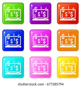 Computer monitor and dollar signs icons of 9 color set isolated vector illustration