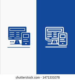 Computer, Monitor, Education, Calculate Line and Glyph Solid icon Blue banner. Vector Icon Template background