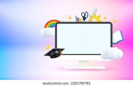 Computer monitor with education elements and blank screen. 3d vector banner with copy space