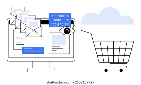 Computer monitor with emails and binary code, a watchful eye icon, and a shopping cart. Ideal for digital marketing, e-commerce, online shopping, cybersecurity, and data privacy. Minimalist line art