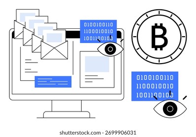 Computer monitor with emails, binary code, Bitcoin symbol, and surveillance symbols represented graphically. Ideal for cybersecurity, email protection, data security, cryptocurrency, digital privacy