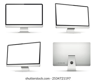 Computer monitor with empty display. Front, back and side view.