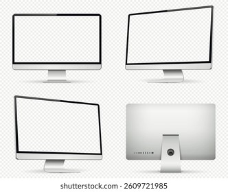 Computer monitor with empty transparent screen. Front, back and side computer screen isolated on transparent background.