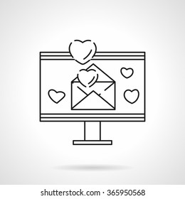 Computer monitor with envelope and hearts. Sending love emails for Valentines day or birthday. Flat thin line style vector icon. Single design element for web, business, mobile app.