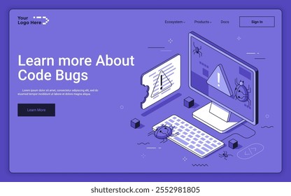 Computerbildschirm mit Fehlerwarnung und beschädigtem Dokument auf violettem Hintergrund. Code-Fehler Landing Page isometrische Vorlage. Suche nach Anwendungsfehlern 3D-Vektorgrafik für Webseite