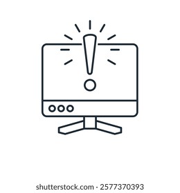 Computer monitor with exclamation mark. Important business or technical information. Please attention. Vector linear icon isolated on white background.
