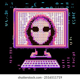 Computer monitor with a face on it in cyberpunk pixel art inspired style.