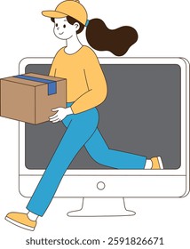 From the computer monitor, a fast-forwarder came out with a box. minimal line art vector illustration.
