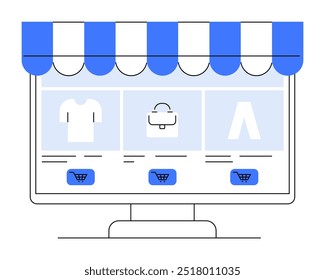 Computer monitor features an online storefront with icons for a T-shirt, handbag, and pants. Ideal for e-commerce, retail, online shopping, digital marketing, and web design.