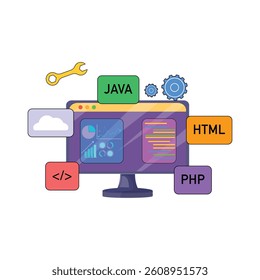 Computer monitor featuring programming languages tags and analytics dashboard for web development