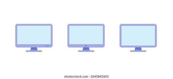 Computer monitor flat icon set. Desktop PC screen sign symbol