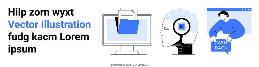 Computer monitor with floating folder, human head with AI gear, person holding cashback symbol. Ideal for web design, artificial intelligence, ecommerce, fintech, digital marketing, tech innovation
