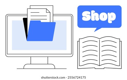 Computer monitor with folder and documents, blue shop sign, and open book. Ideal for business, e-commerce, digital store, online shop, and office management themes. Simple modern style