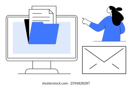 Computer monitor with a folder and documents, a woman pointing, and an envelope icon. Ideal for office organization, digital document management, communication, email handling, and productivity