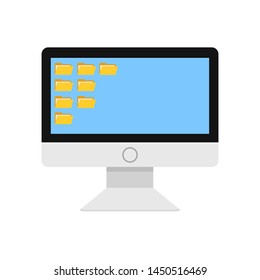 computer monitor with folders on blue screen in cartoon style icon on white, stock vector illustration
