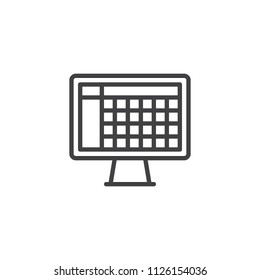 Computer monitor with folders outline icon. linear style sign for mobile concept and web design. simple line vector icon. Symbol, logo illustration. Pixel perfect vector graphics