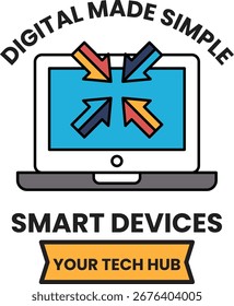 A computer monitor with four arrows pointing to the top right corner. The image is titled "Digital Made Simple" and is related to smart devices