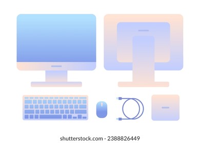 Computer monitor front and back view with mouse, cable and keyboard. Gadget vector illustration with gradient