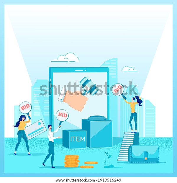 Computer Monitor with Gavel and People\
Cartoon Characters Offer Bids on Online Auction. Internet Services\
for Profitable Purchasing Bargain and Competitive Price Setting.\
Flat Vector\
Illustration.