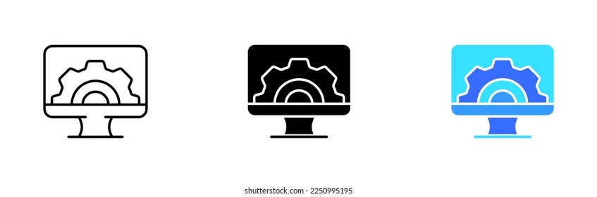 Computer monitor with a gear line icon. Settings, control panel, adjust, laptop, configuration, personal, service centre, install. Vector icon in line, black and colorful style on white background