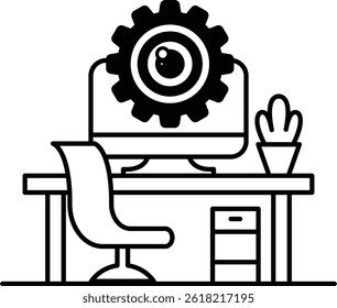 A computer monitor with a gear on it sits on a desk with a chair