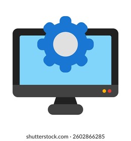 Computer monitor with a gear on top, suitable for technology or industrial concept designs, websites, and presentations needing a mechanical touch.