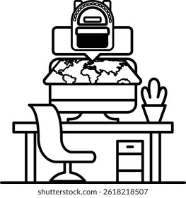 A computer monitor with a globe on it and a backpack on the screen