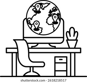 A computer monitor with a globe on it and a plant in the foreground