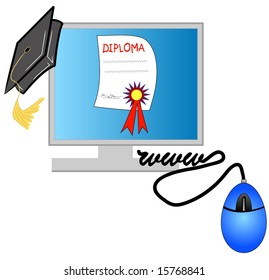 computer monitor with graduation cap and internet diploma